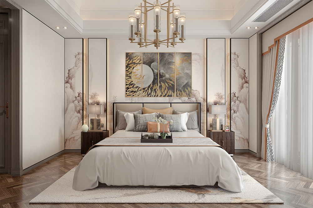 南寧楓林藍(lán)岸220㎡主臥新中式裝修風(fēng)格案例效果圖