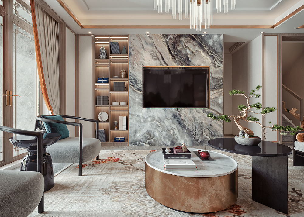 南寧楓林藍(lán)岸220㎡客廳新中式裝修風(fēng)格案例效果圖