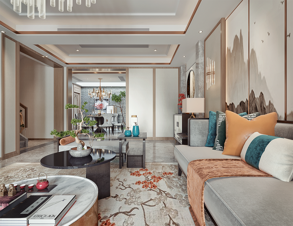 南寧楓林藍(lán)岸220㎡客餐廳新中式裝修風(fēng)格案例效果圖