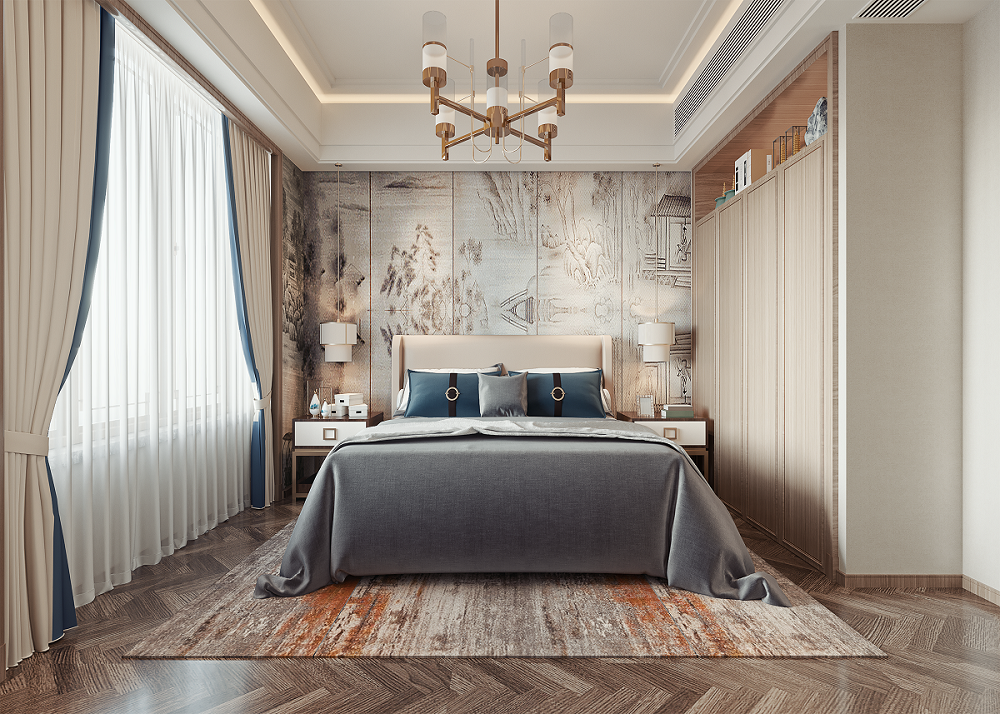 南寧楓林藍(lán)岸220㎡次臥新中式裝修風(fēng)格案例效果圖