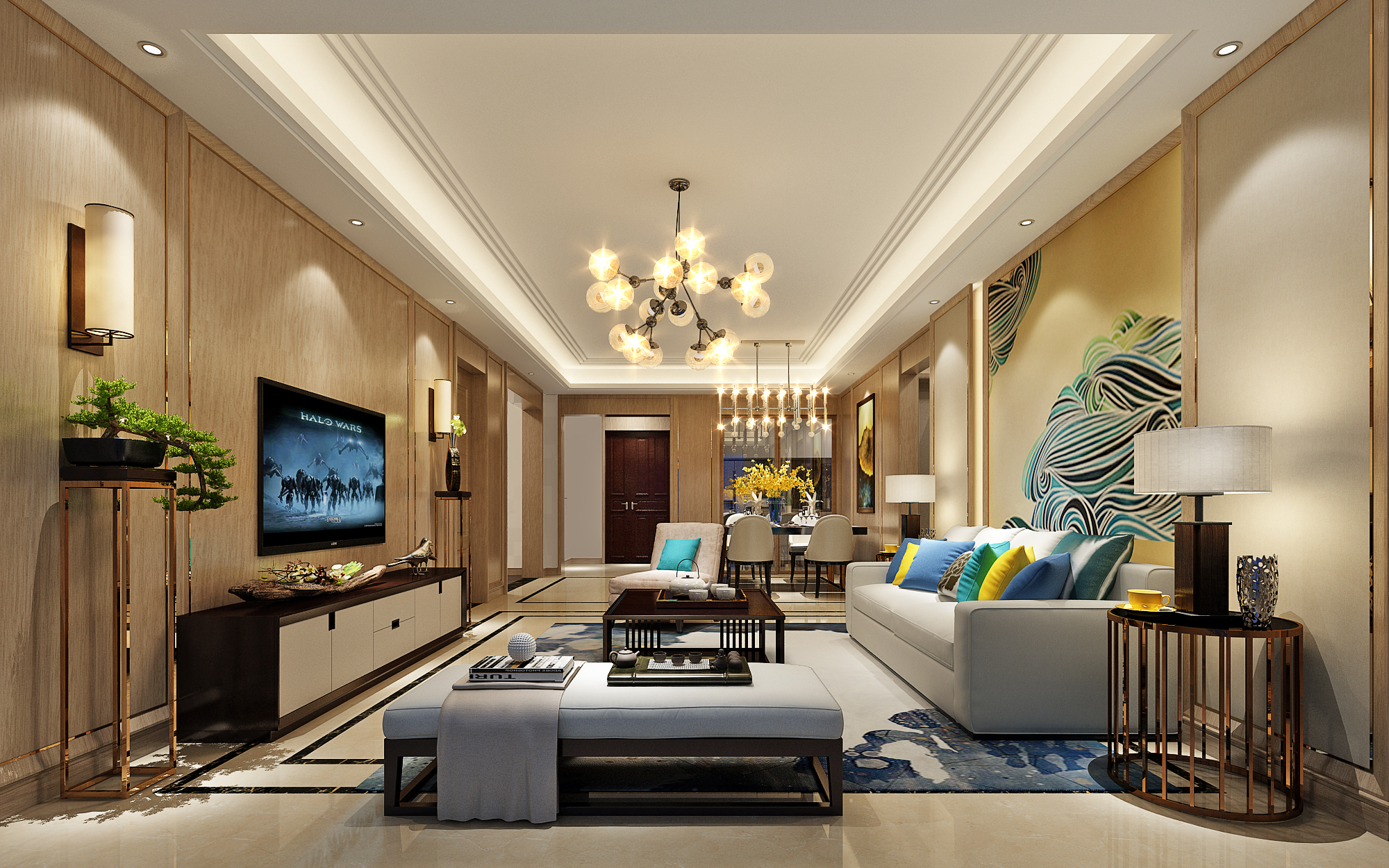 南寧東方皇城190㎡客廳現(xiàn)代輕奢裝修風(fēng)格案例效果圖