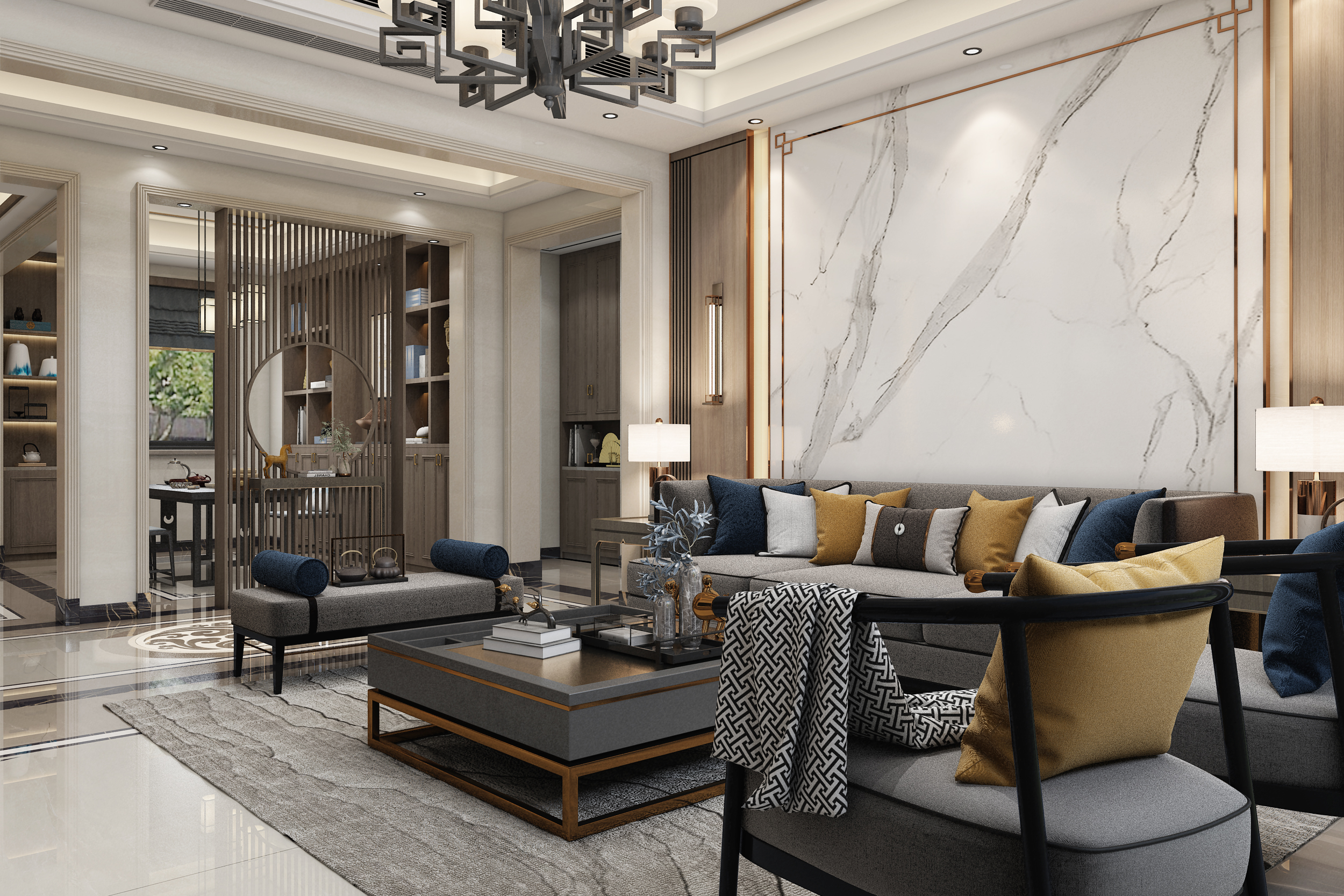 南寧九曲灣300㎡客廳中式裝修案例效果圖