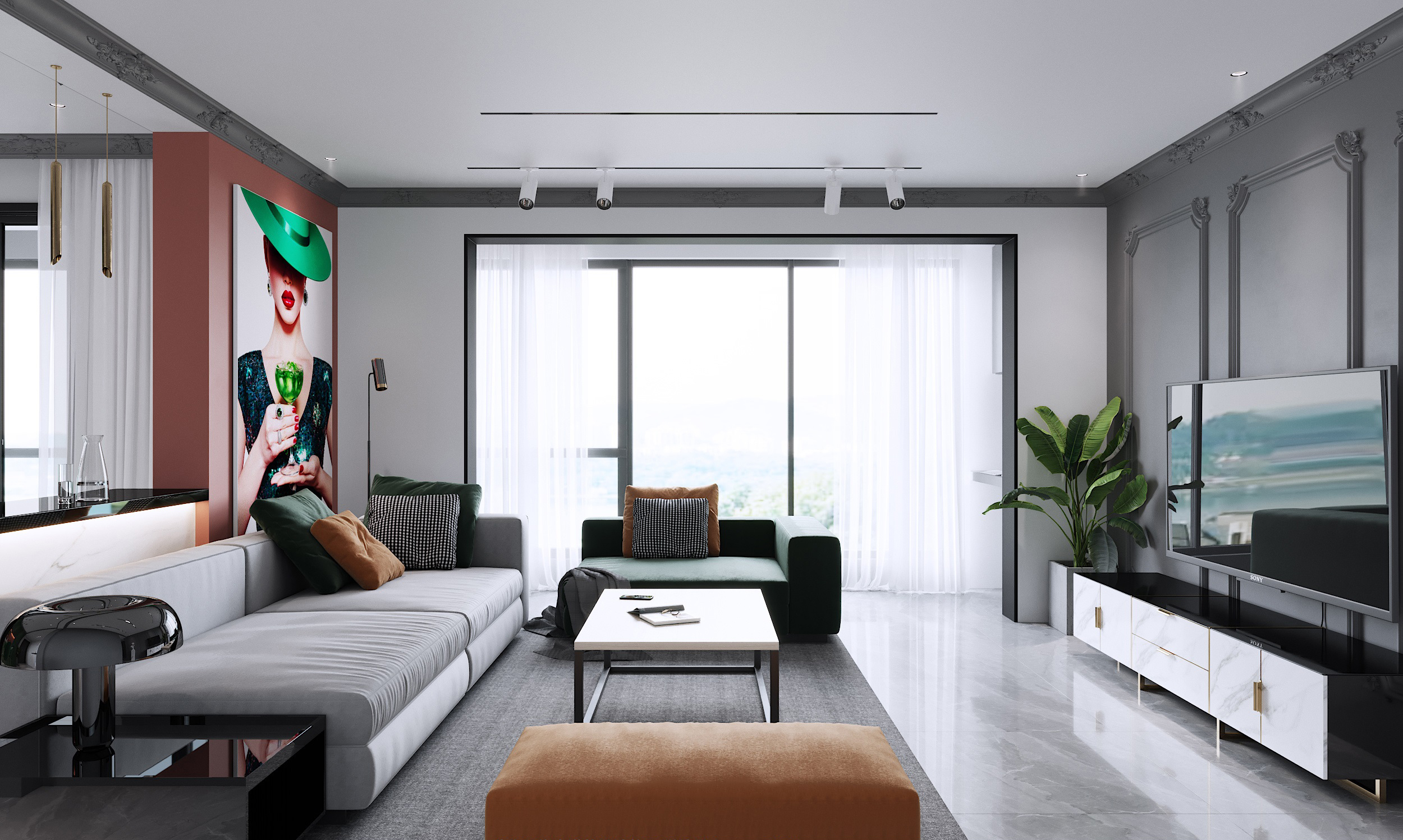 美泉1612樓盤150㎡客廳美式輕奢裝修風格案例效果圖