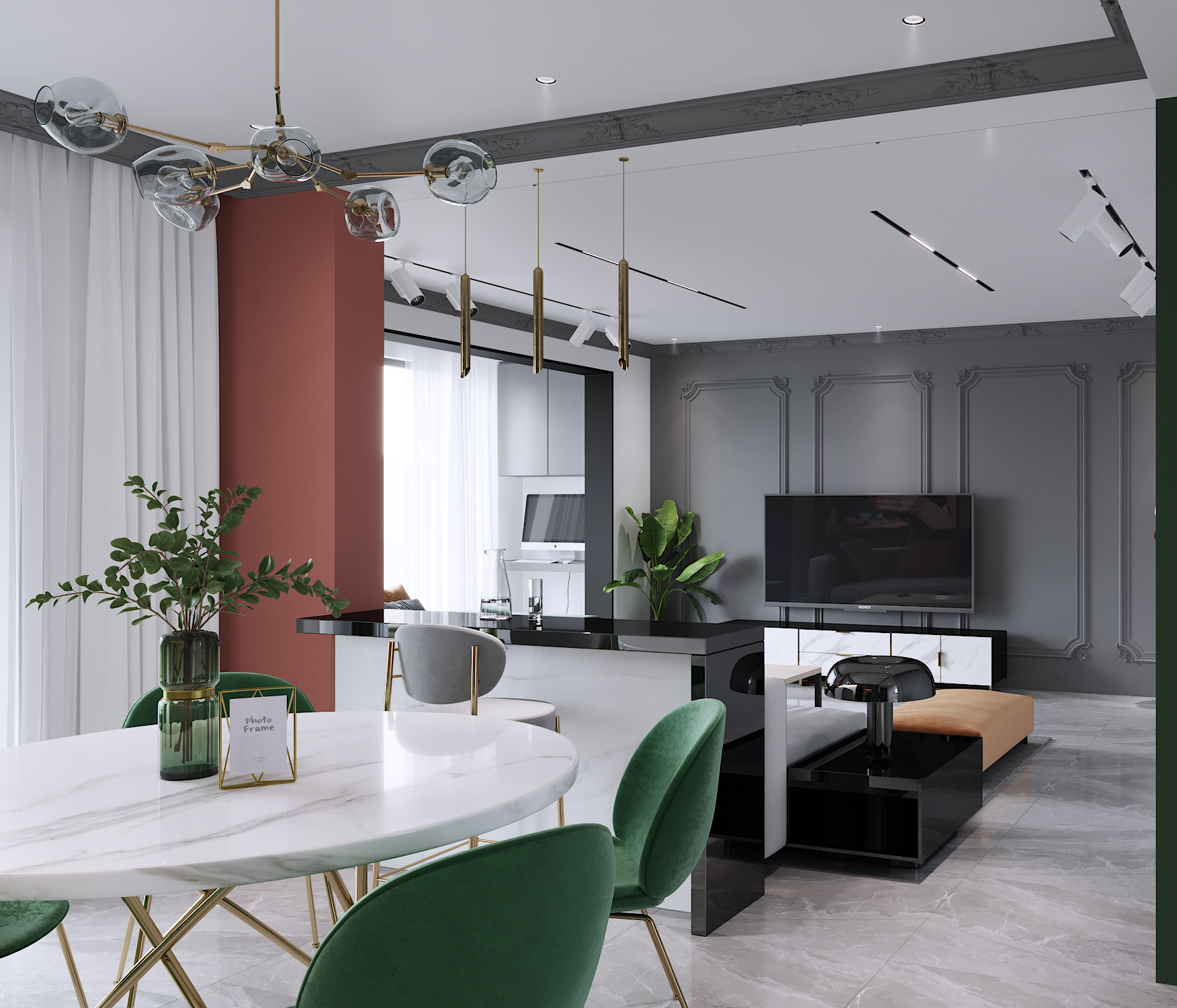 美泉1612樓盤150㎡客餐廳廳美式輕奢裝修風格案例效果圖