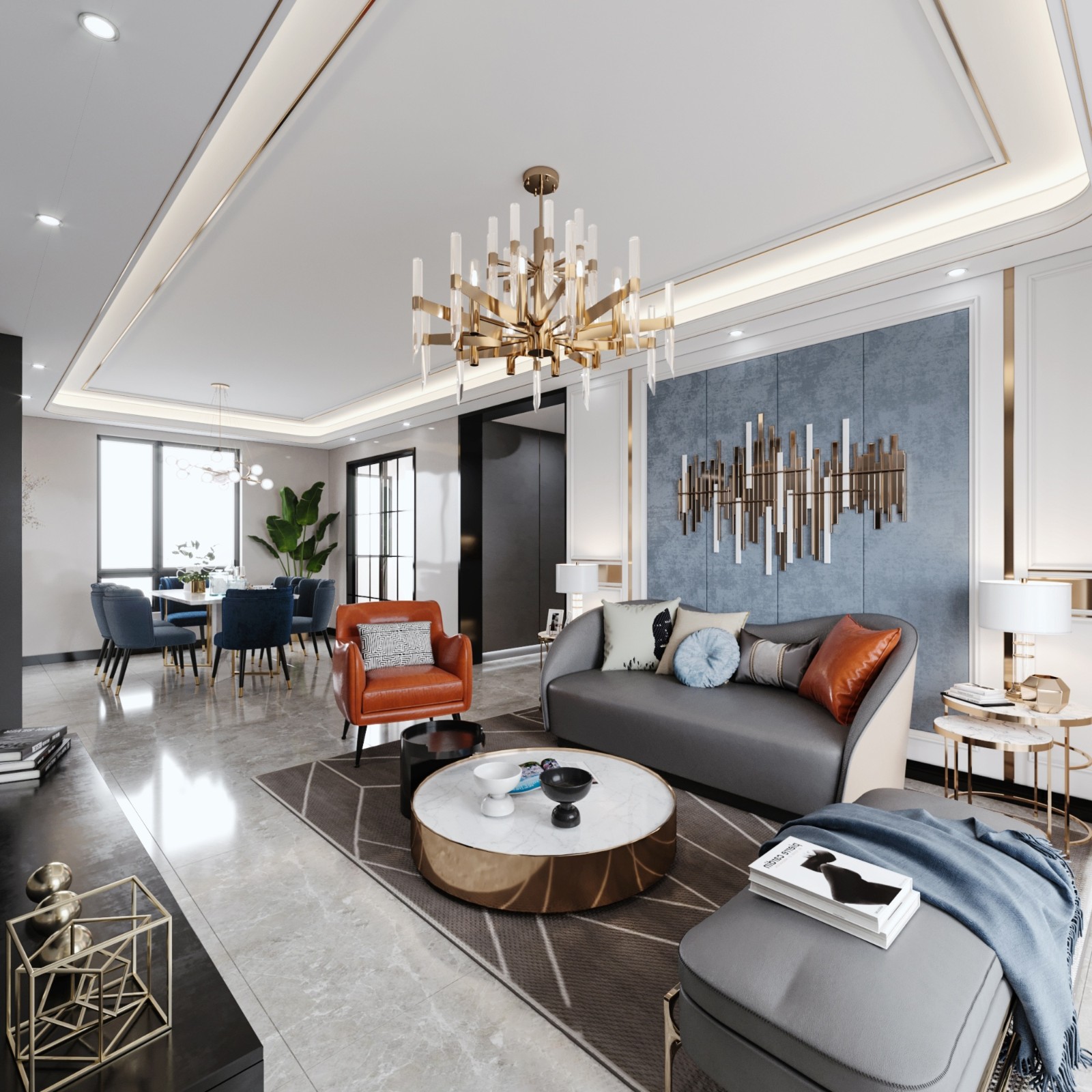 南寧翡翠時(shí)光150㎡客廳現(xiàn)代輕奢裝修風(fēng)格案例效果圖