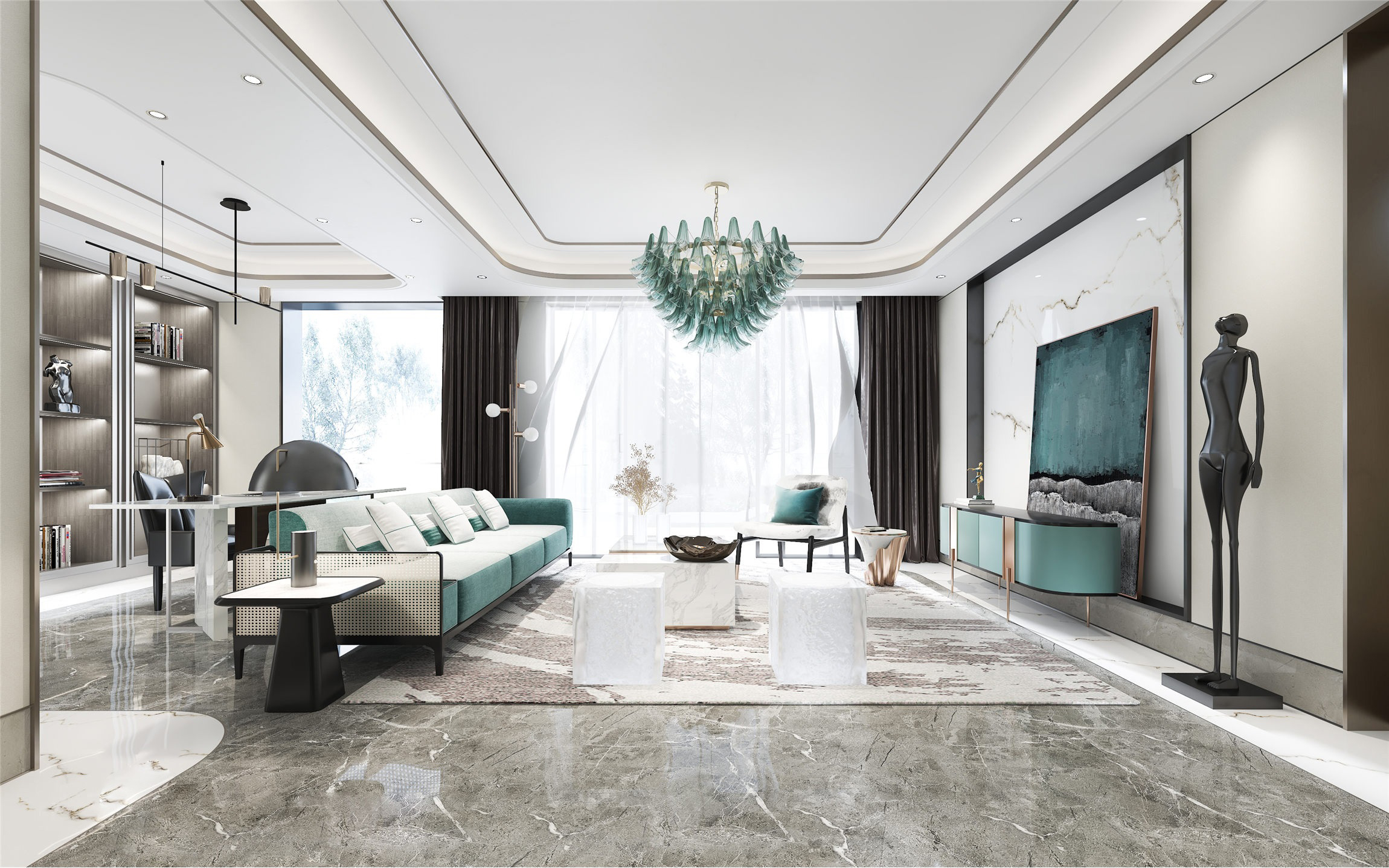 南寧春江明月169㎡客廳現(xiàn)代輕奢裝修風(fēng)格效果圖