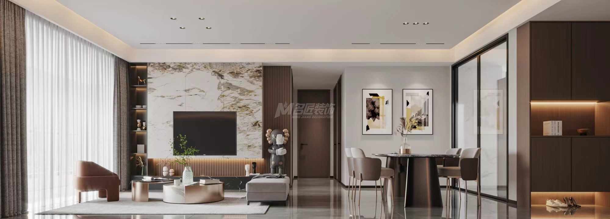 南寧綠地城149㎡客餐廳現(xiàn)代輕奢裝修風(fēng)格效果圖