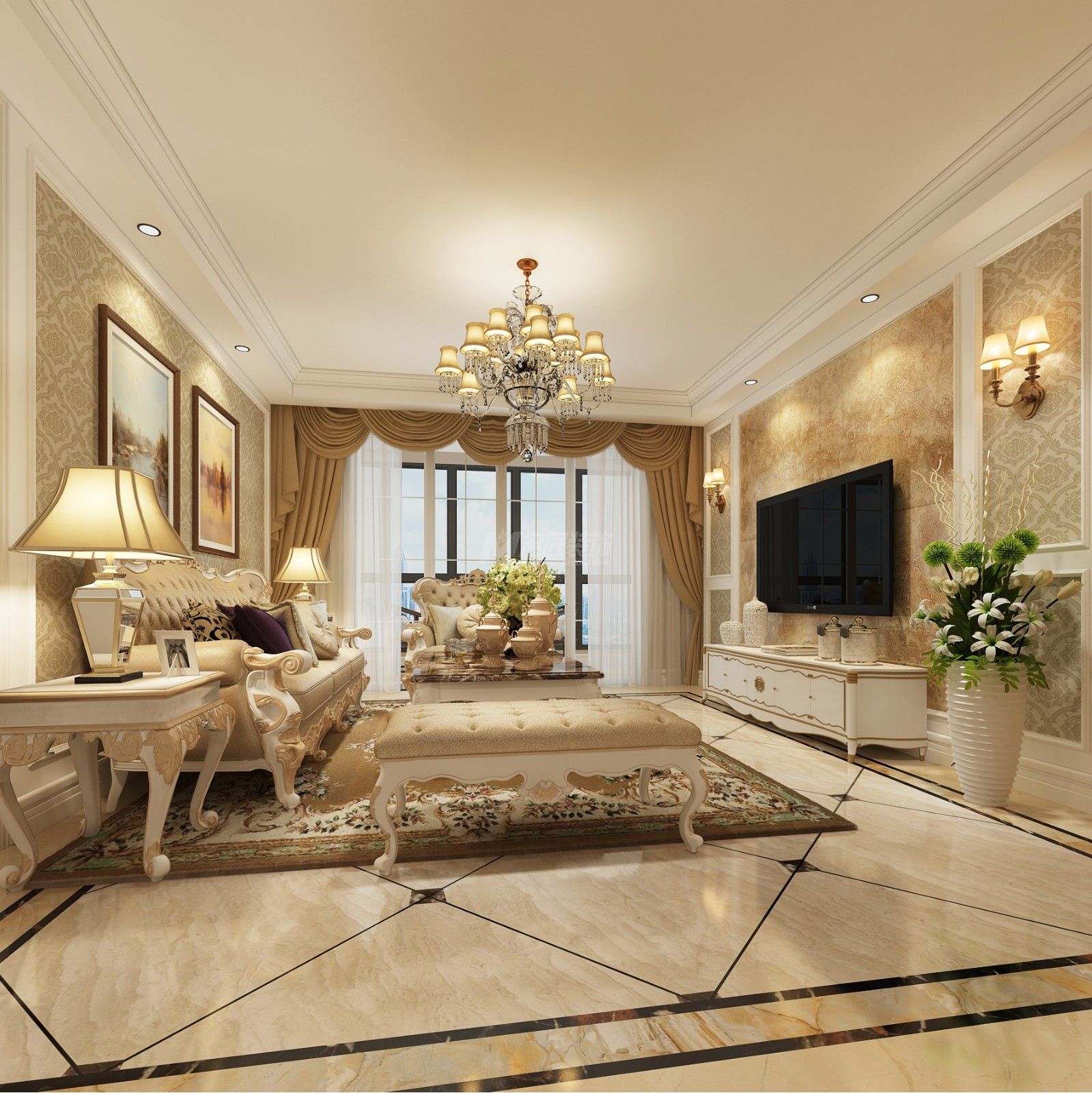 南寧廣投龍象府150㎡客廳歐式裝修風(fēng)格案例效果圖