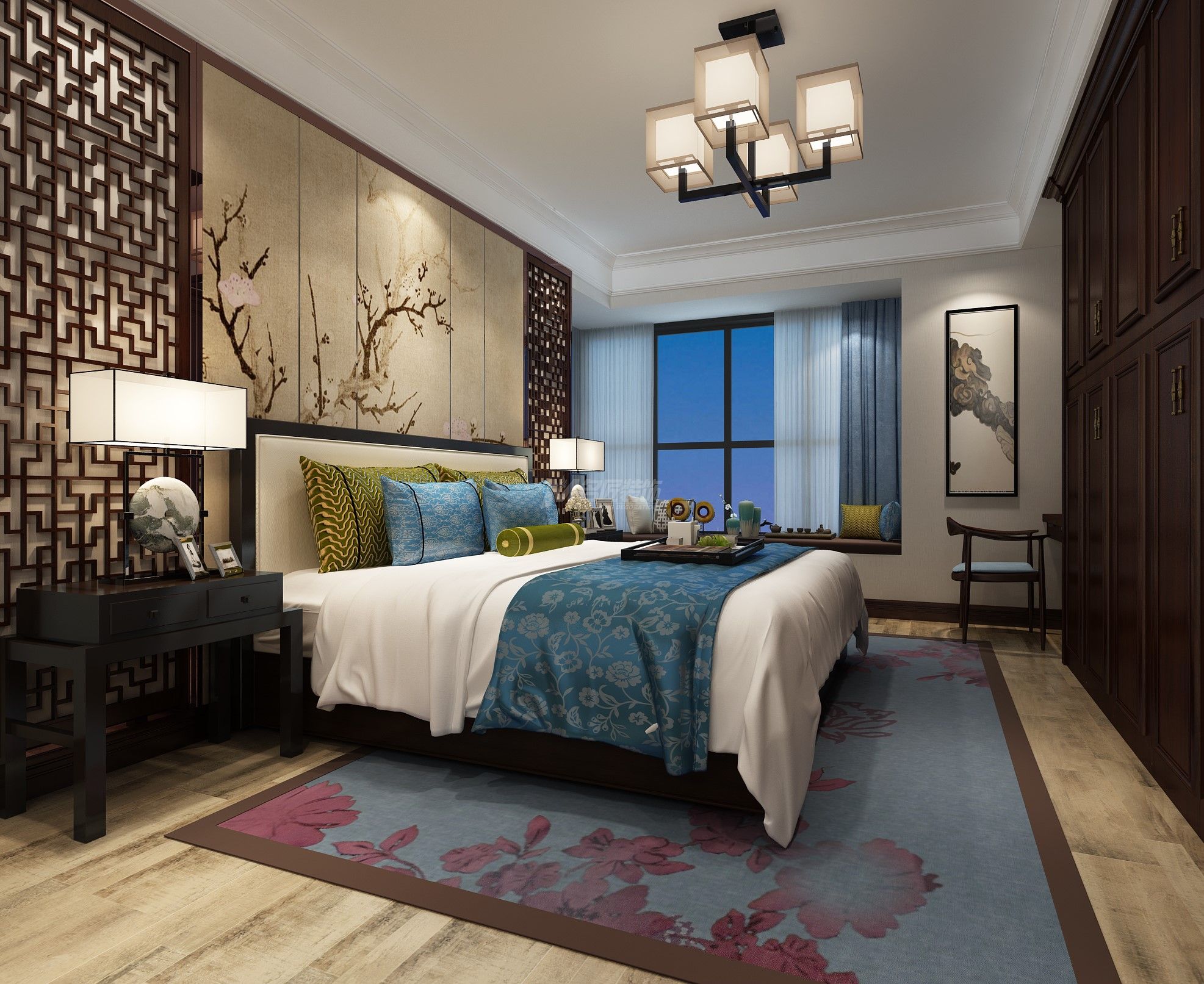 八百里香江花園189㎡主臥中式裝修風(fēng)格效果圖
