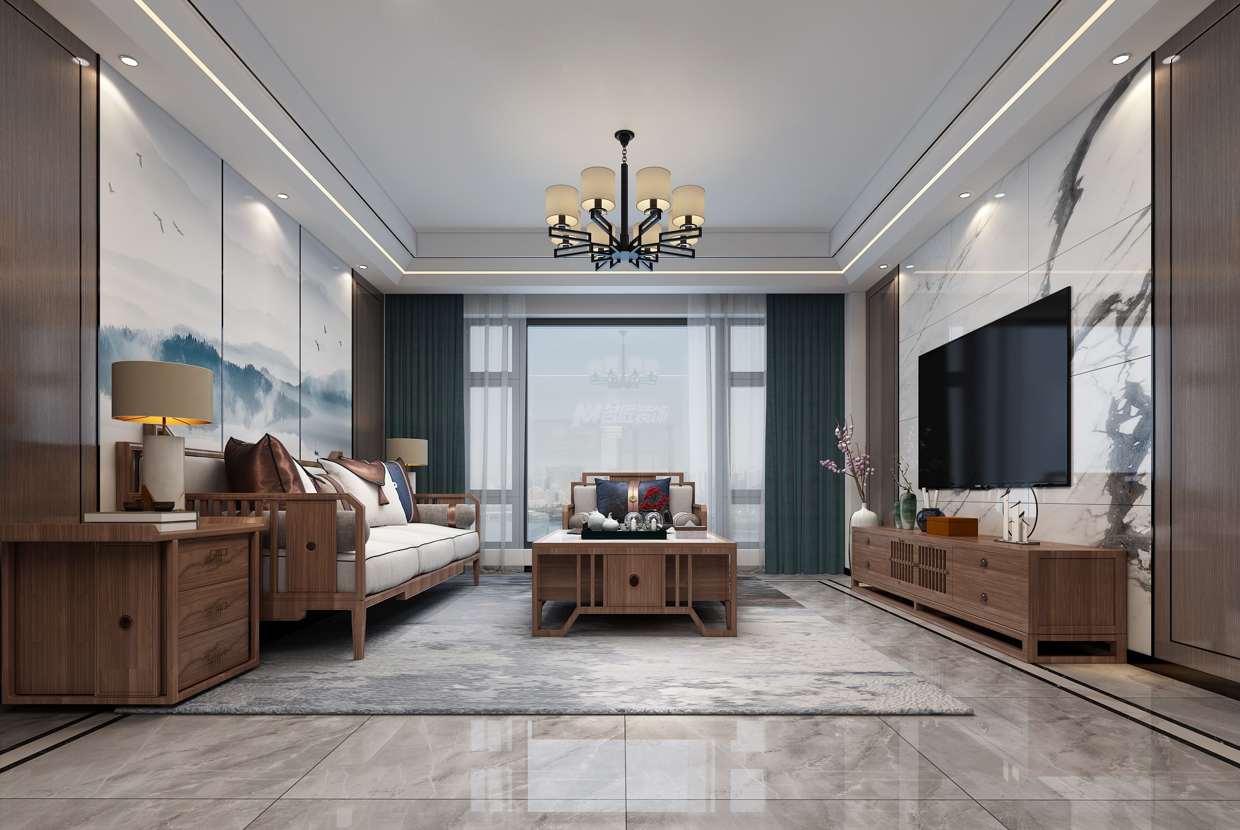 新加坡城190㎡客廳新中式裝修風(fēng)格效果圖