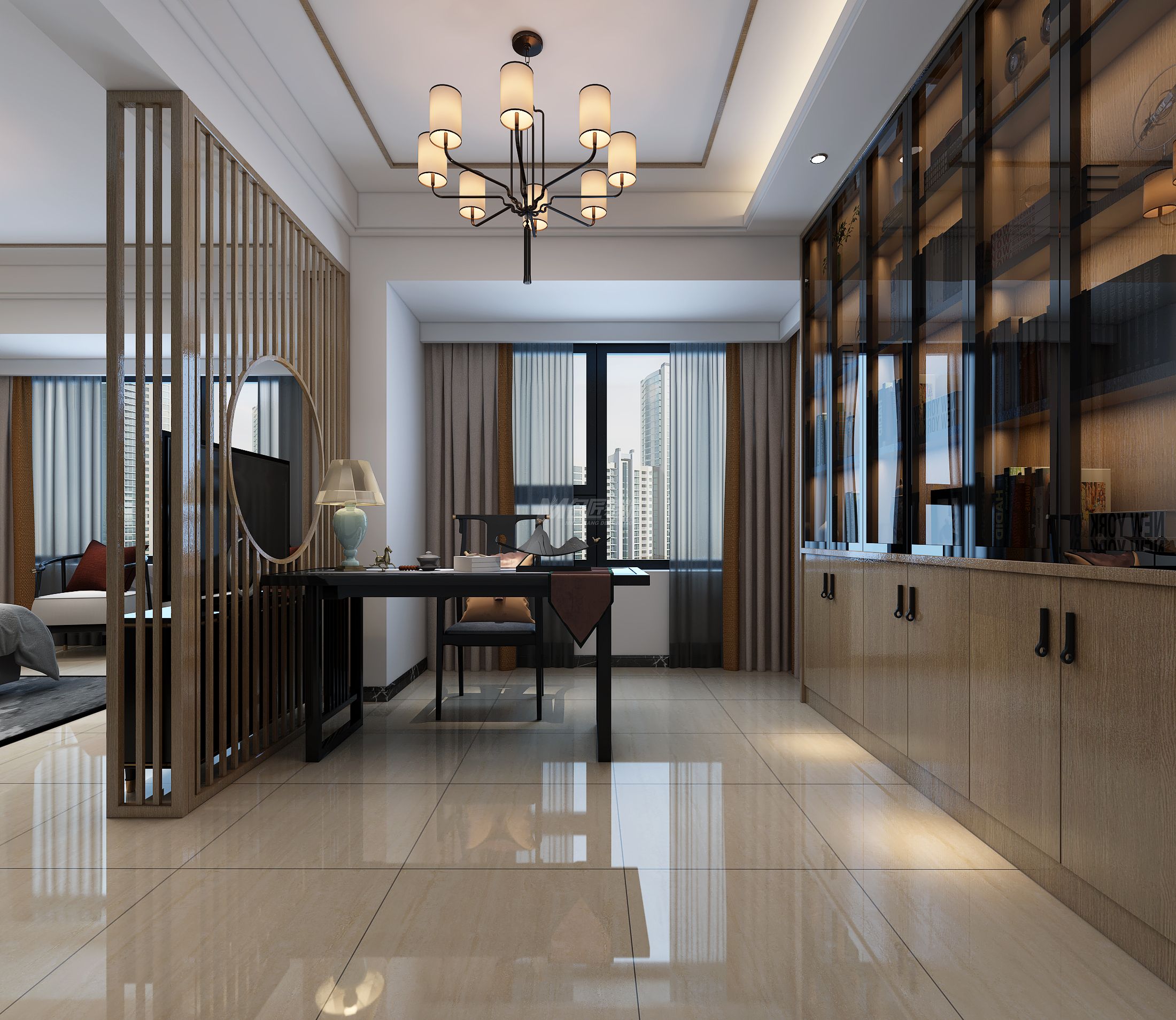 龍光玖瓏府160㎡書房新中式輕奢裝修風(fēng)格效果圖