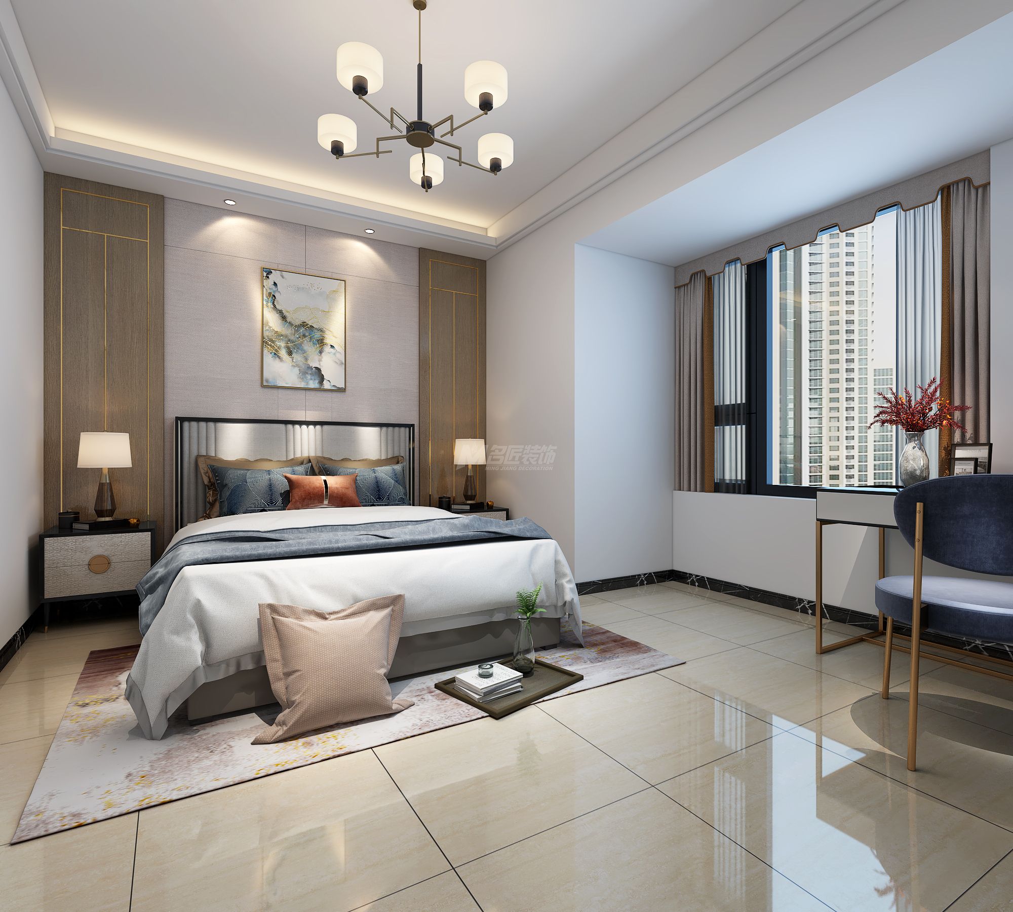 龍光玖瓏府160㎡主臥新中式輕奢裝修風(fēng)格效果圖