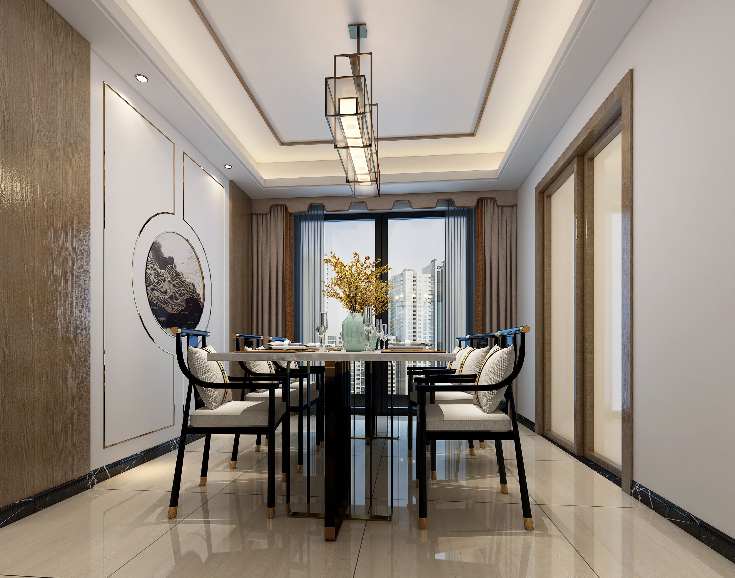 龍光玖瓏府160㎡餐廳新中式輕奢裝修風(fēng)格效果圖