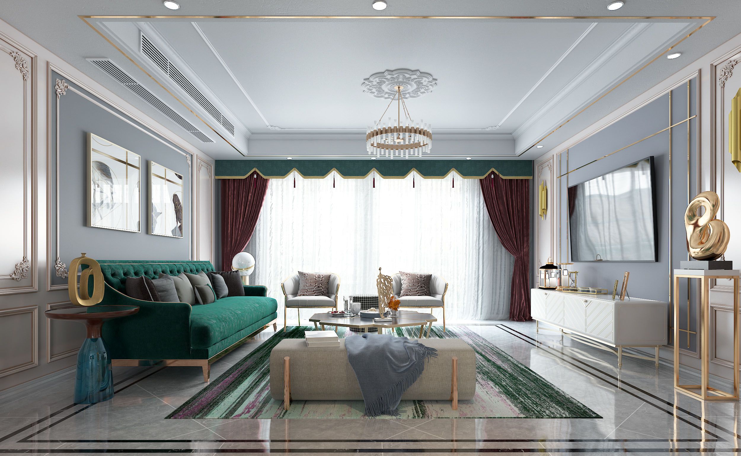 萬(wàn)達(dá)茂168㎡客廳簡(jiǎn)歐輕奢裝修風(fēng)格效果圖