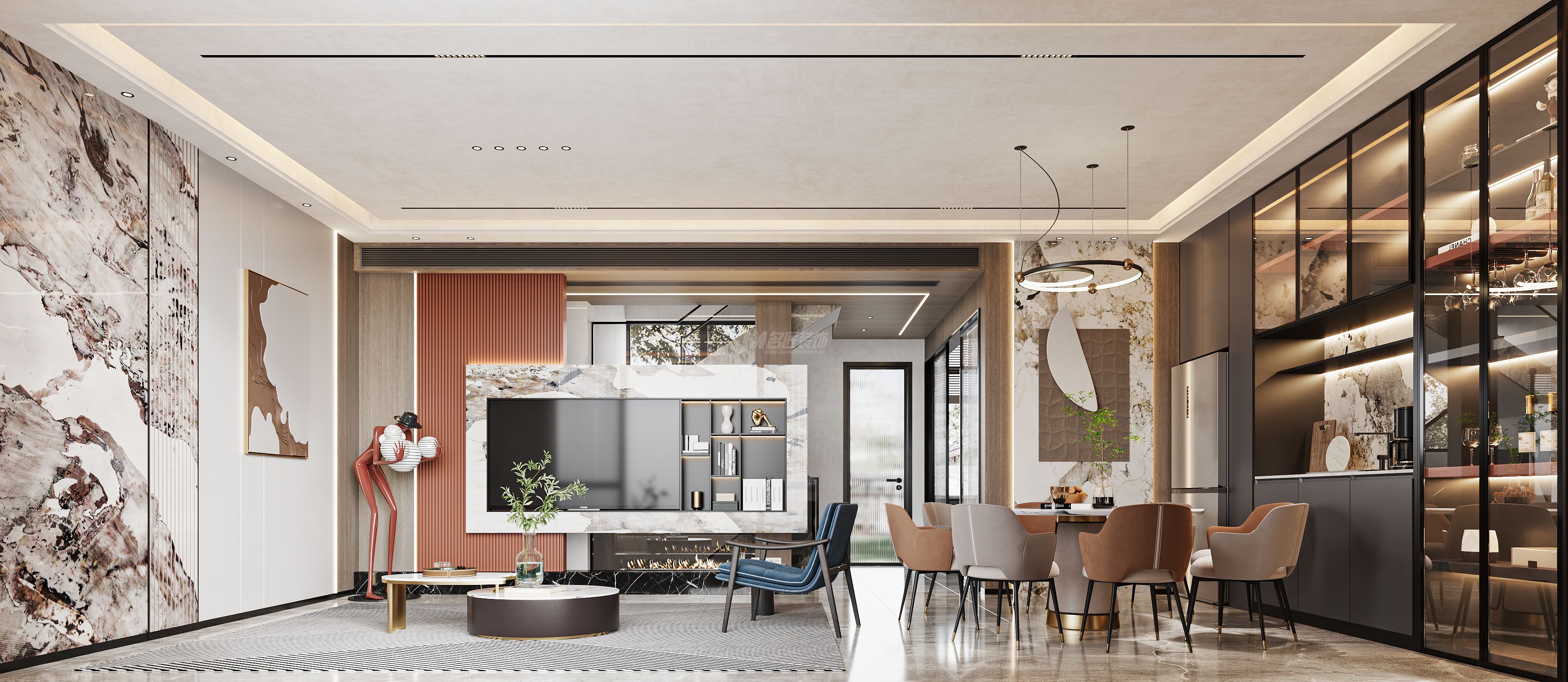 龍光天曜400㎡客餐廳現(xiàn)代輕奢裝修風(fēng)格效果圖