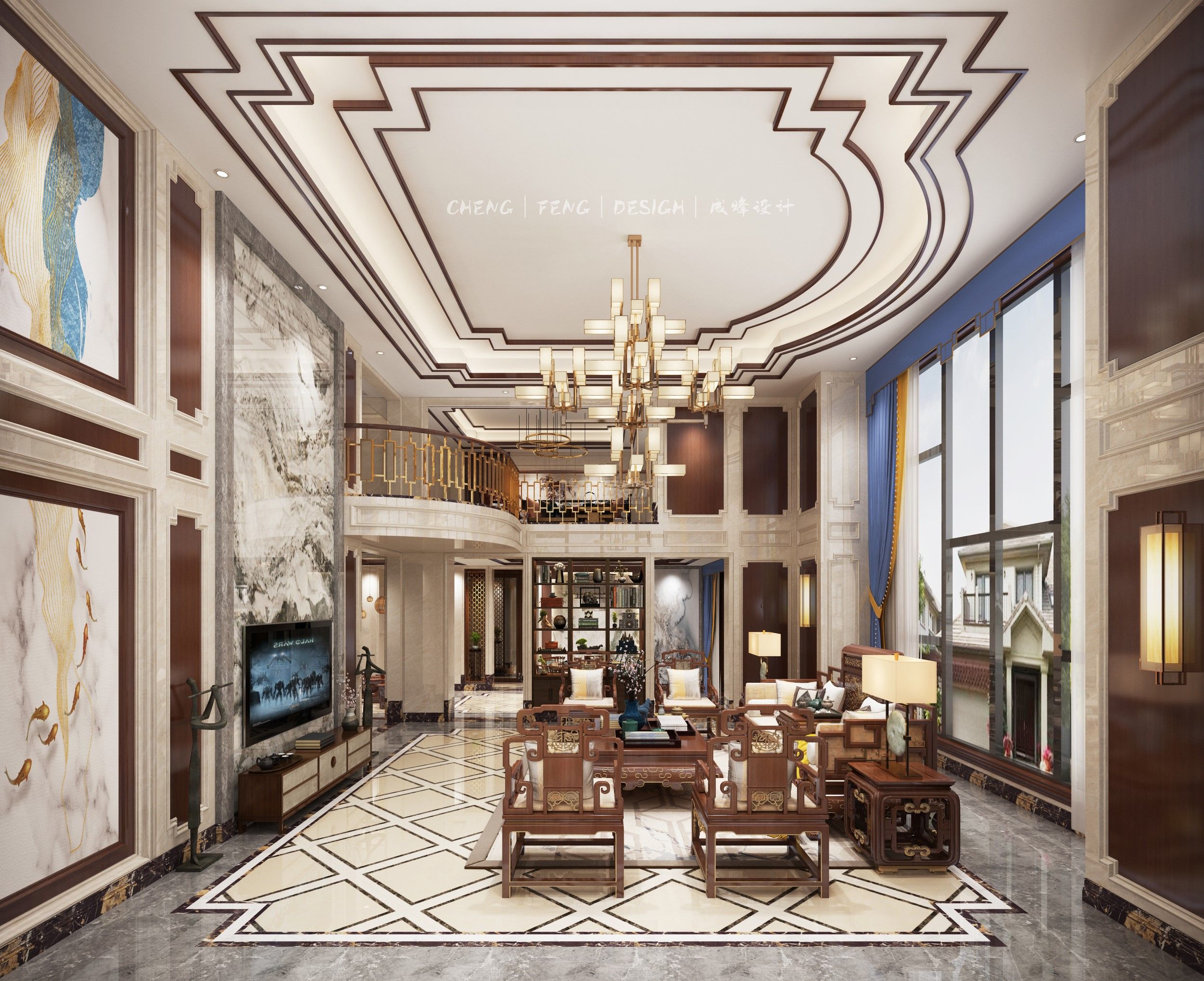 佛山千葉山莊600㎡客廳新中式裝修風(fēng)格案例效果圖