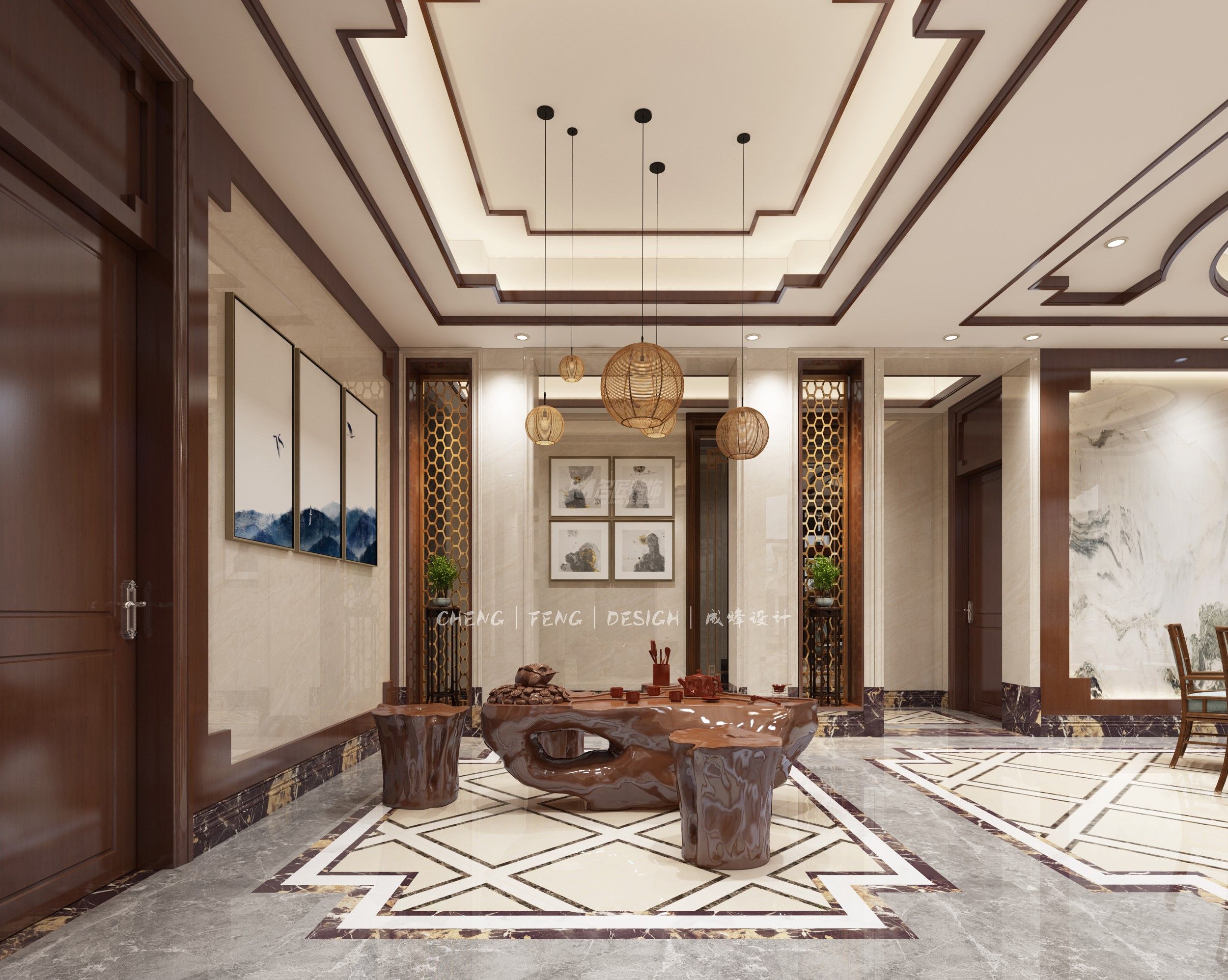 佛山千葉山莊600㎡品茶區(qū)新中式裝修風(fēng)格案例效果圖