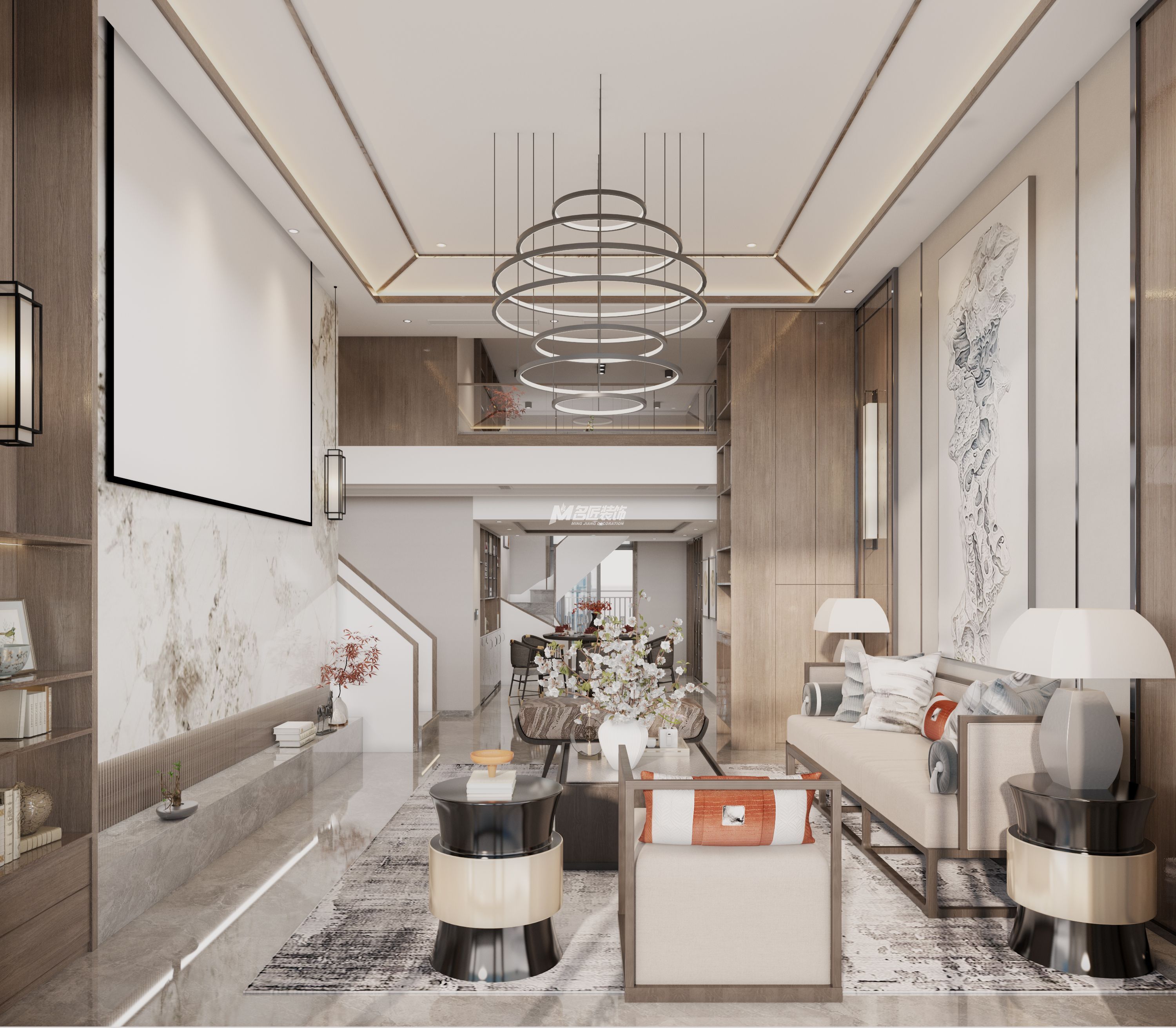 安吉山語(yǔ)城500㎡客廳新中式裝修風(fēng)格效果圖