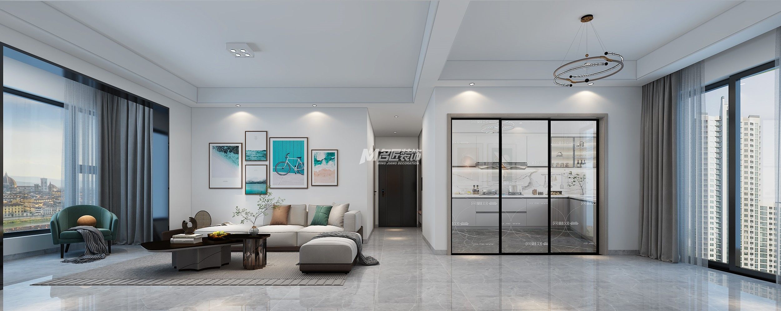 南寧中南春風(fēng)海岸90㎡客廳全景現(xiàn)代簡約裝修風(fēng)格效果圖