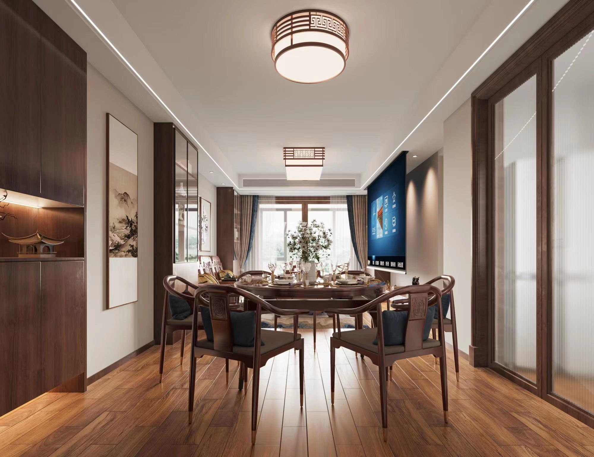 南寧東方尊府130㎡客餐廳新中式裝修風(fēng)格效果圖